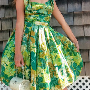 Vintage Shaheen Silk Tiki Hibiscus Green 50s VLV